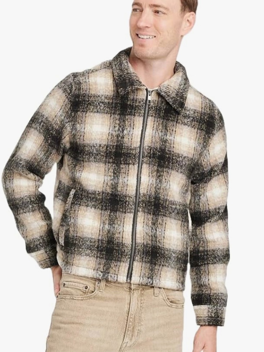 Goodfellow & Co Black and Cream Plaid Zip-Front Jacket